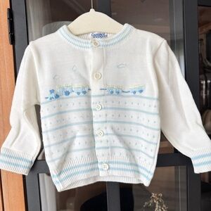 Vintage Carriage Boutique Knit cardigan embroidered sweater baby boy trains